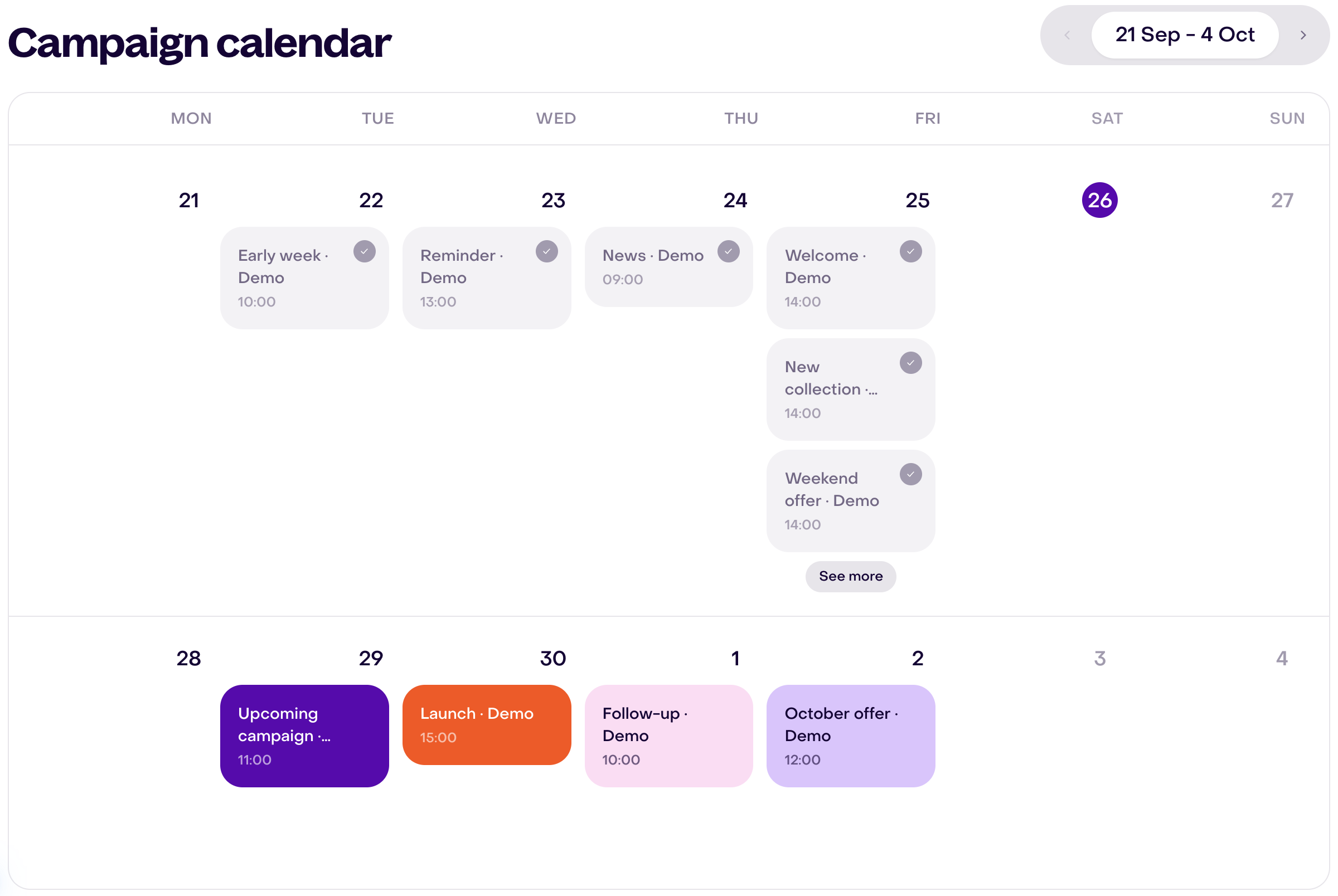 Complete calendar from September 21 to October 4: delivered campaigns from September 22 to 25 with check marks and upcoming campaigns from September 29 to October 2 in colored cards.