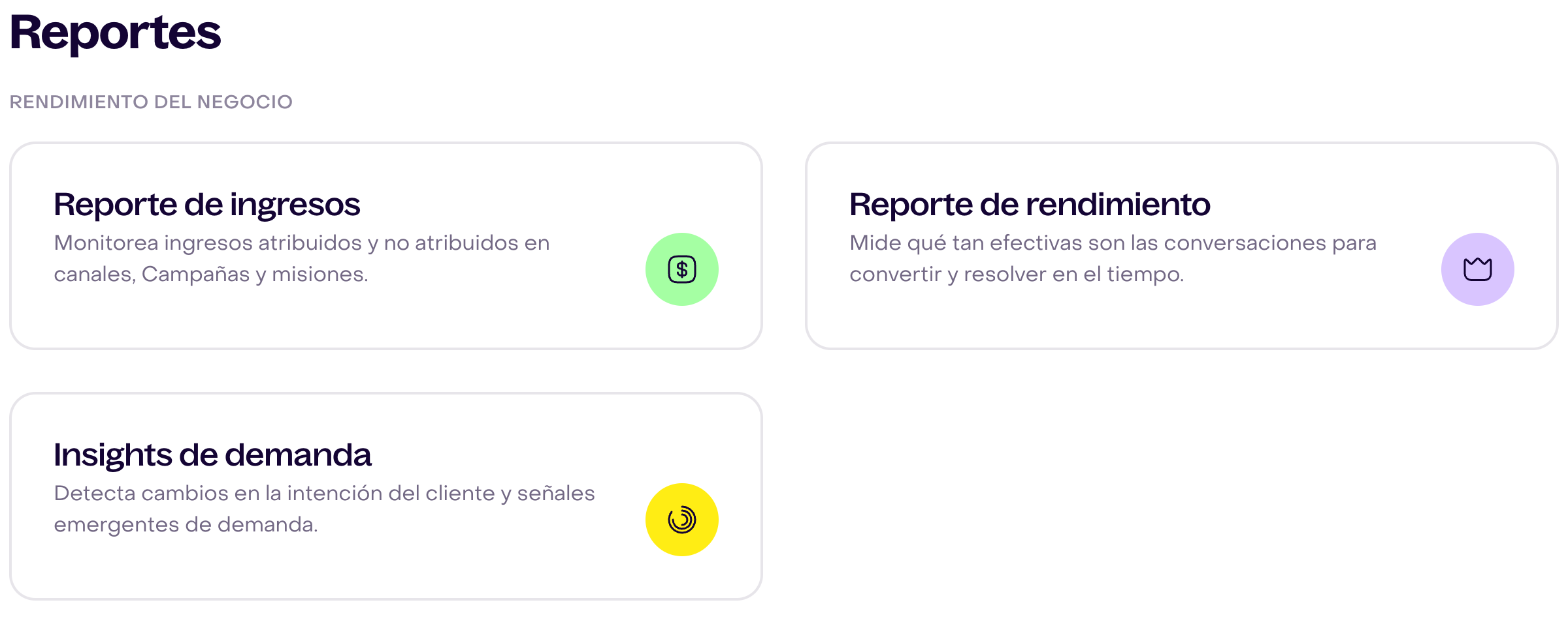 Grupo Rendimiento del negocio con las tarjetas Reporte de ingresos, Reporte de rendimiento e Insights de demanda.