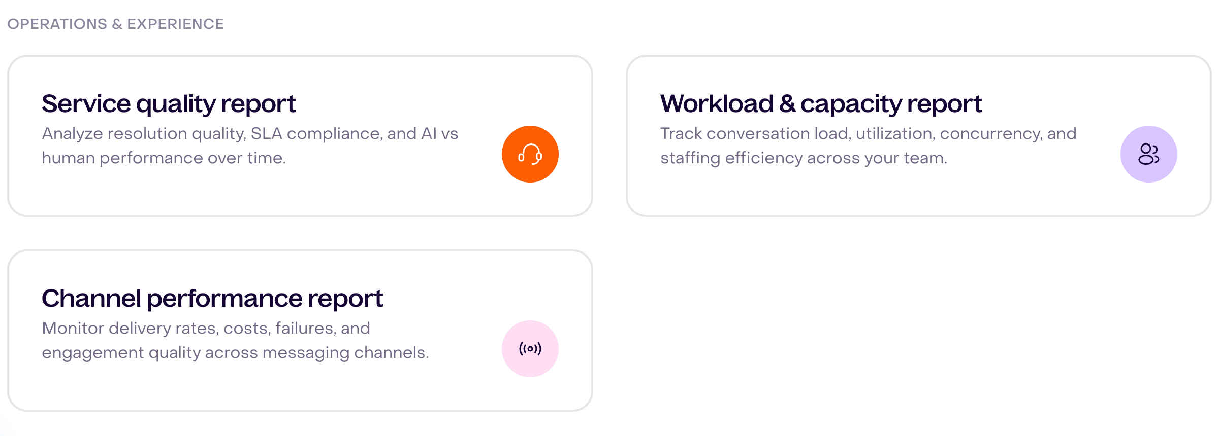 Operations and Experience group with Service quality report, Workload and capacity report, and Channel performance report cards.