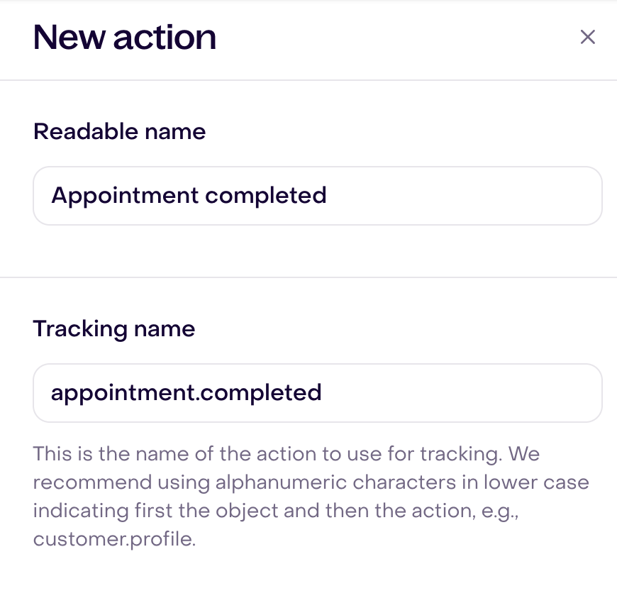 New action form with Readable name Appointment completed and Tracking name appointment.completed.