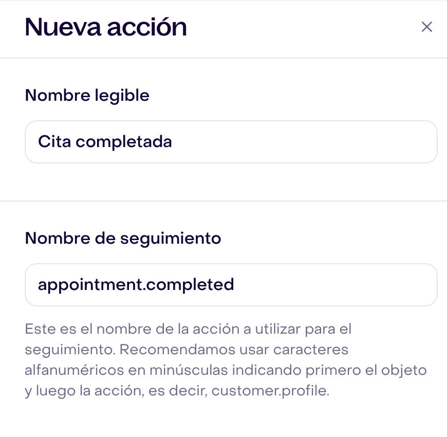 Formulario Nueva acción con Nombre legible Cita completada y Nombre de seguimiento appointment.completed.