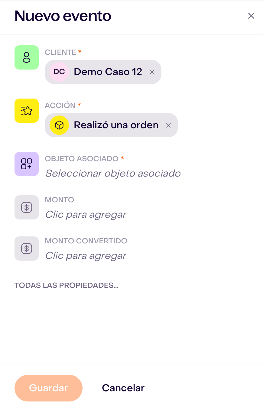 Formulario Nuevo evento para Demo Caso 12 con Realizó una orden seleccionado; Objeto asociado vacío y Guardar deshabilitado.