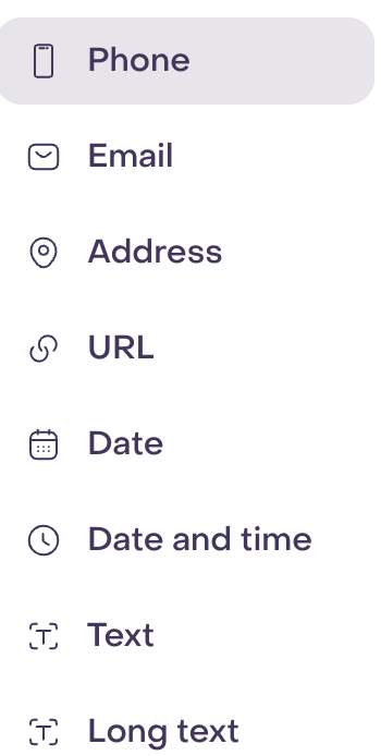 Visible Add more fields options: Phone, Email, Address, URL, Date, Date and time, Text, and Long text.