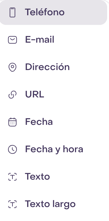 Opciones visibles del selector Agregar más campos: Teléfono, E-mail, Dirección, URL, Fecha, Fecha y hora, Texto y Texto largo.