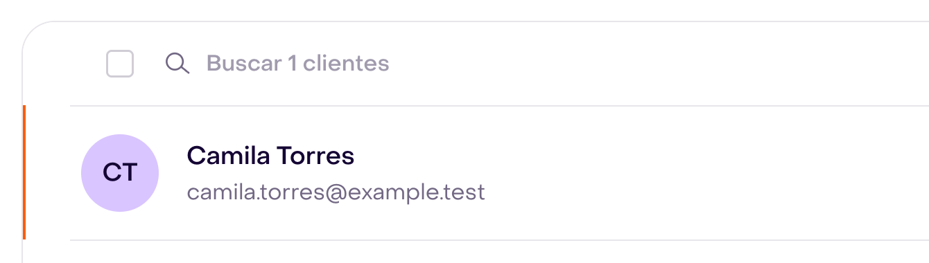 Control de búsqueda de Audiencia y fila seleccionada de Camila Torres, un perfil ficticio con email de ejemplo.