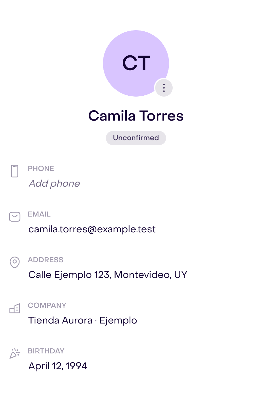 Fictional unconfirmed Camila Torres profile with an example email address, address, company, and birthday; the phone field is empty.