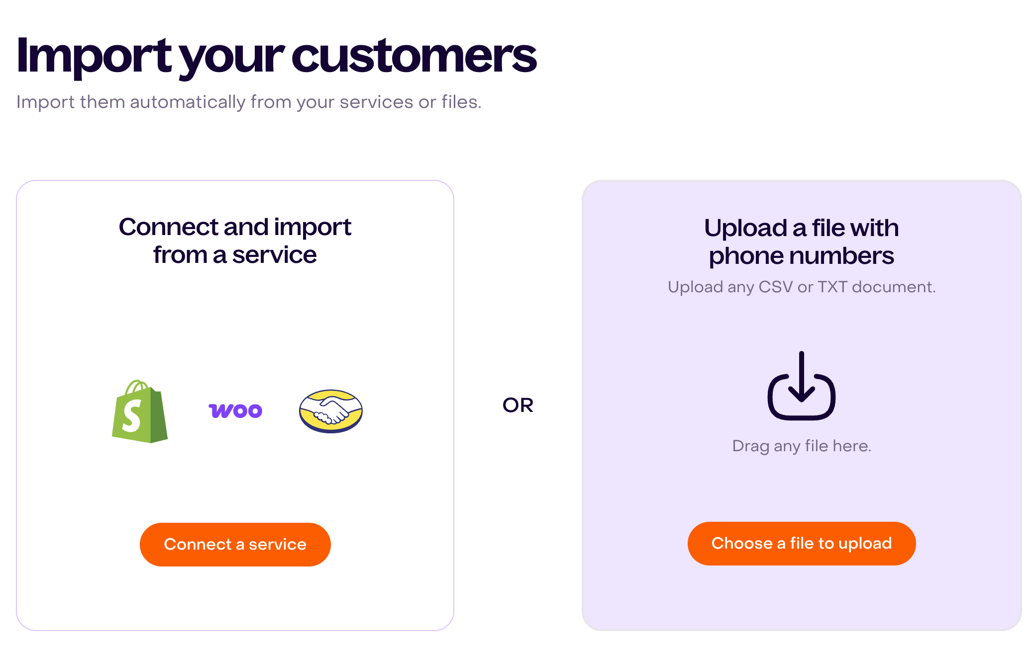Customer import screen: the upload card shows Choose a file to upload; the wide view also shows Connect a service.