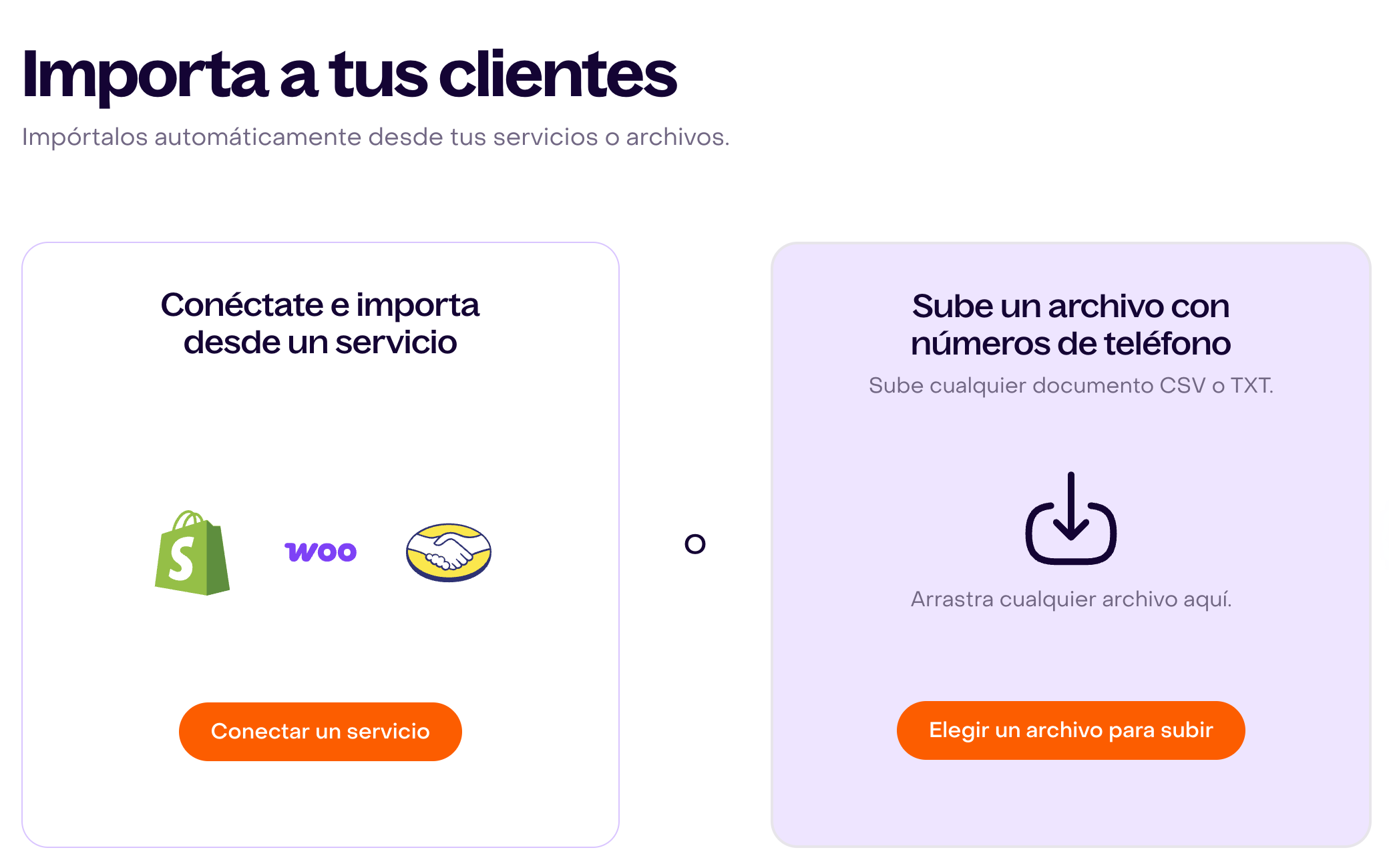 Pantalla para importar clientes: la tarjeta de archivo muestra Elegir un archivo para subir; en la vista amplia también aparece Conectar un servicio.