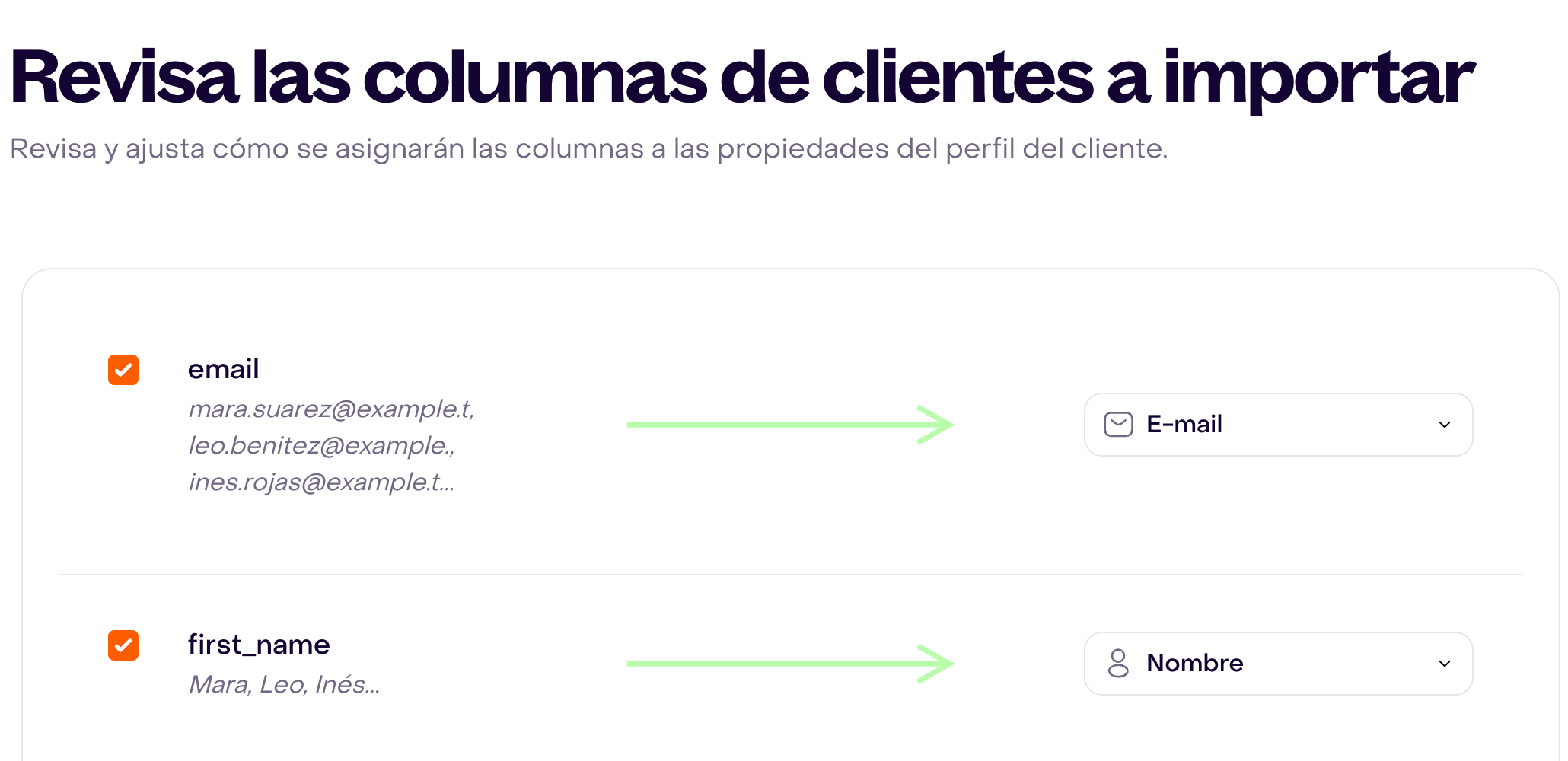 Pantalla de mapeo donde email se asigna a E-mail y first_name a Nombre; ambas columnas están seleccionadas.