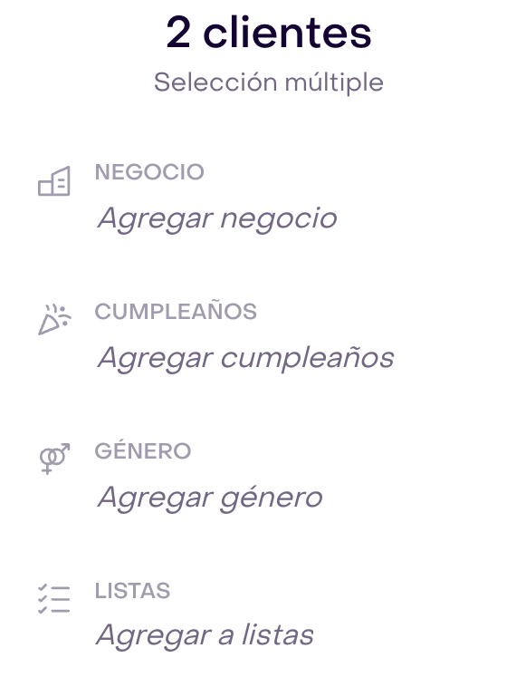 Panel Selección múltiple para dos perfiles ficticios con la propiedad Listas disponible; todavía no se aplicó ningún cambio.