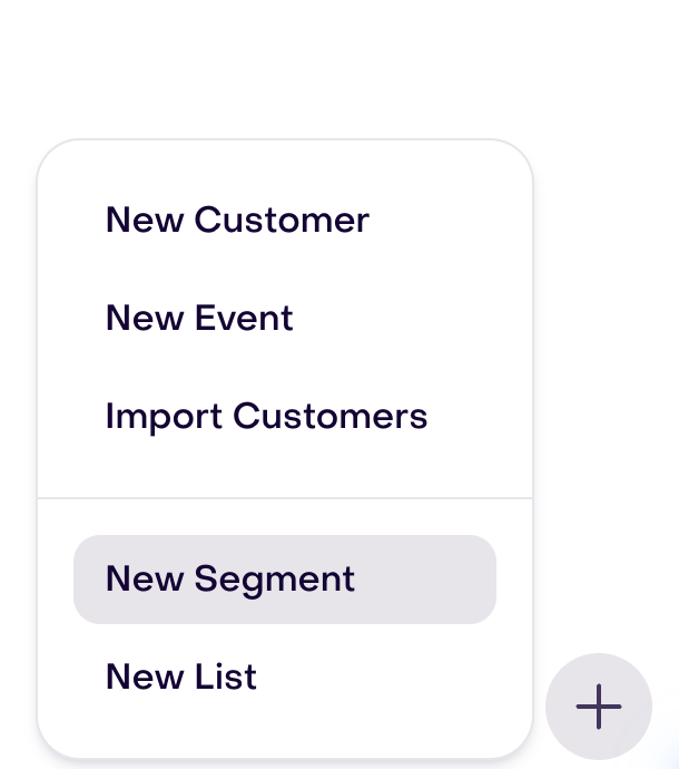 Audience plus menu with New Segment highlighted below Import Customers.
