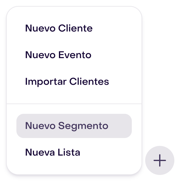 Menú del botón más en Audiencia con la opción Nuevo Segmento resaltada, debajo de Importar Clientes.